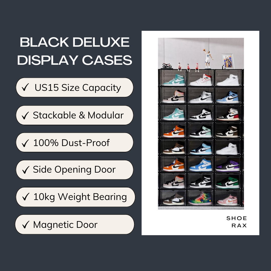 Black Sneaker Display Cases (Pack of 6) - Stackable Shoe Storage Boxes