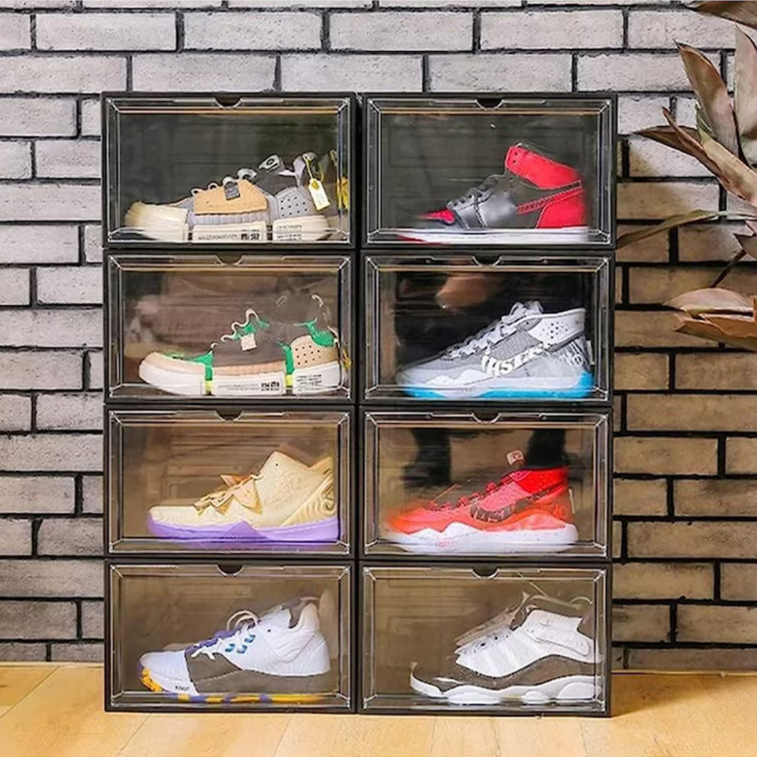 Black Sneaker Display Cases (Pack of 6) - Stackable Shoe Storage Boxes