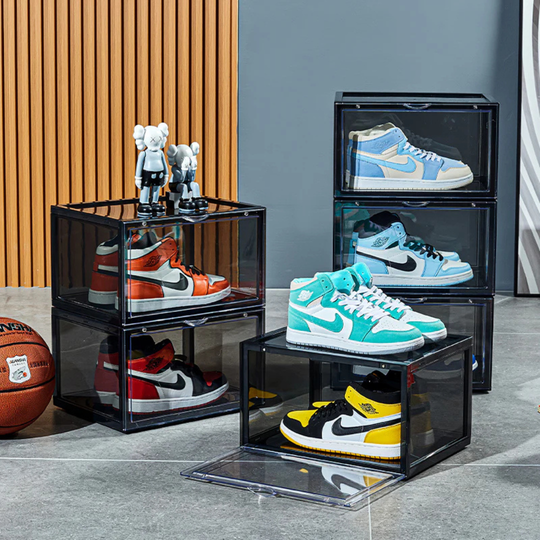 Black Sneaker Display Cases (Pack of 6) - Stackable Shoe Storage Boxes